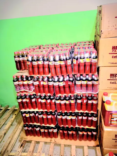Hizabrun cartons and palm oil packs in the warehouse