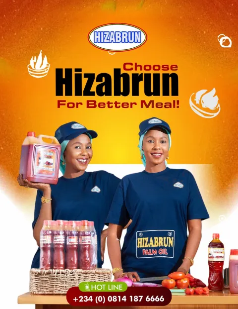 Shelves stocked with Hizabrun Palm Oil bottles in several sizes